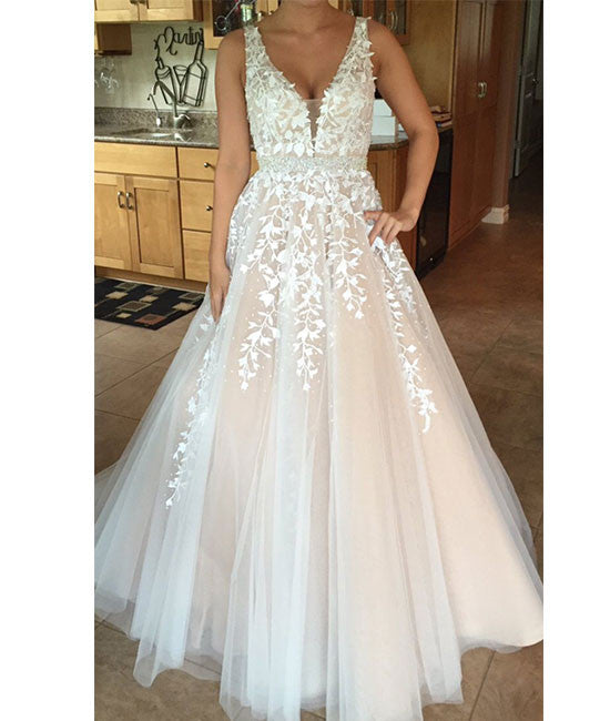 custom made v neck lace tulle long prom dress, formal dress - shdress