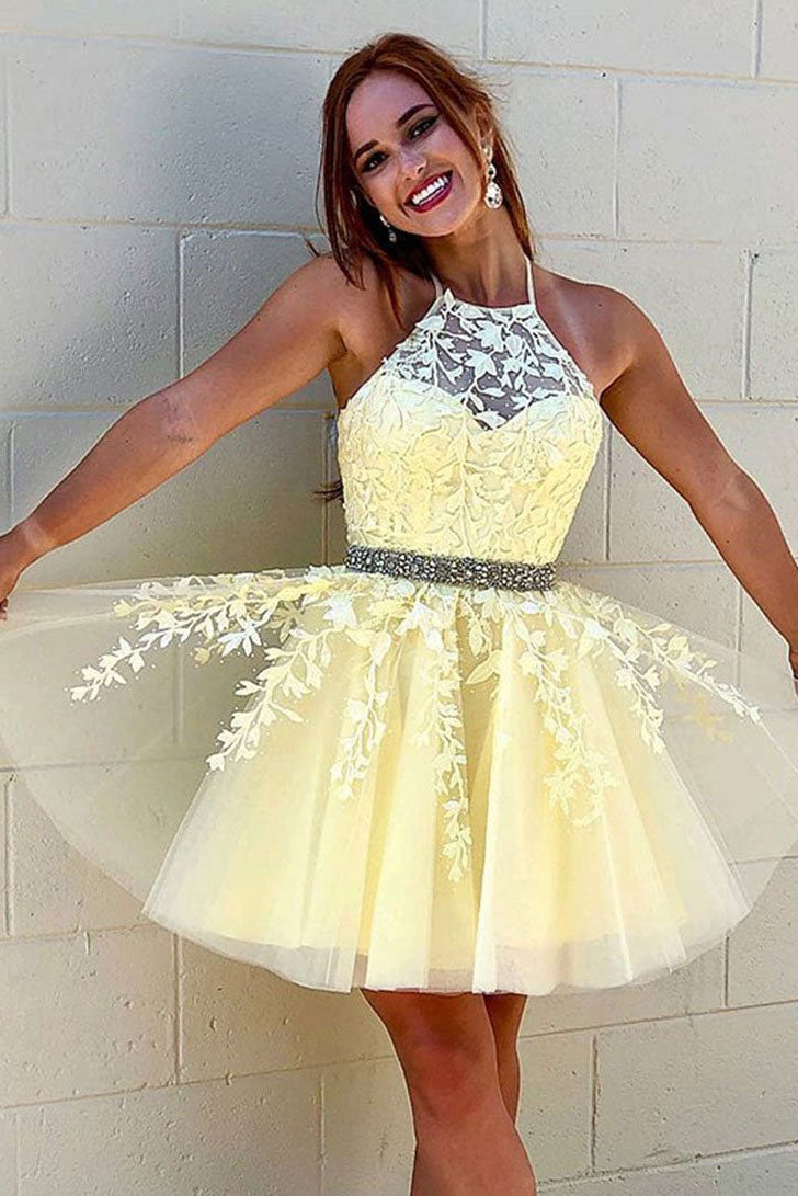 Yellow tulle lace short prom dress yellow homecoming dress