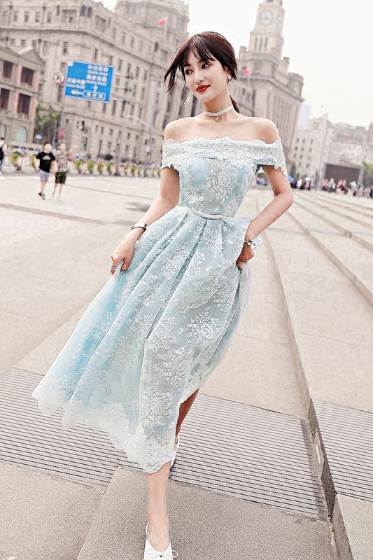 
                  
                    Blue tulle lace tea length prom dress, blue tulle lace evening dress
                  
                
