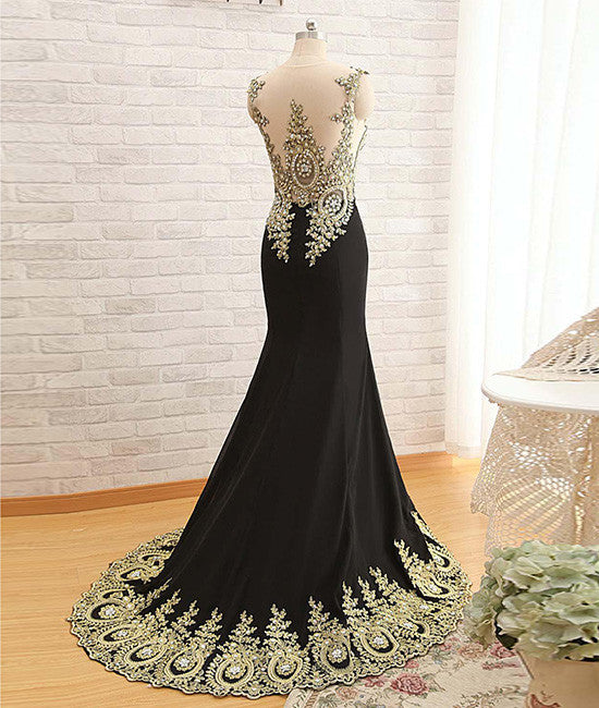
                  
                    Black Round Neck Lace Applique long Prom Dress, Black Evening Dress - shdress
                  
                