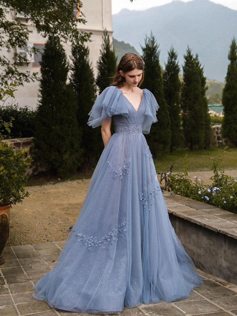 Blue A line tulle long prom dress blue formal party dress shdress Blue A line tulle long prom dress blue formal party dress shdress