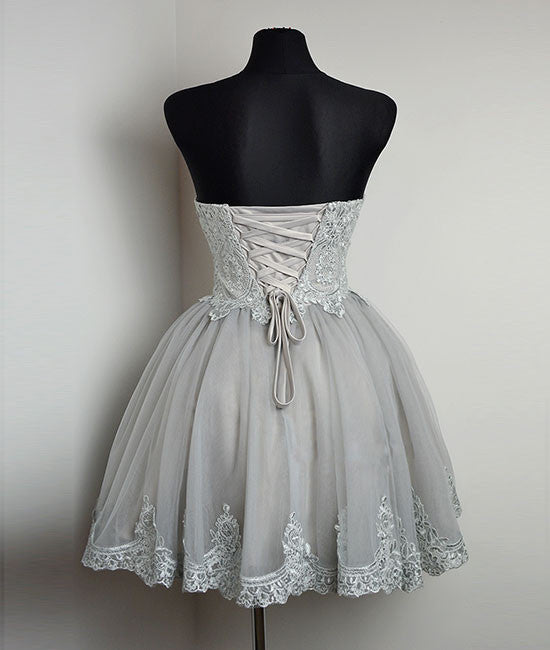 
                  
                    Cute gray tulle lace short prom dress, gray homecoming dress - shdress
                  
                