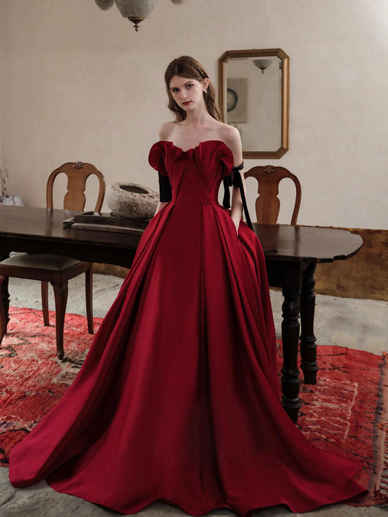 
                  
                    Burgundy satin long prom dress, burgundy evening dress
                  
                