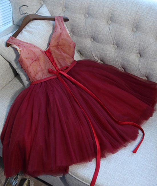 Burgundy v neck tulle applique short prom dress, burgundy homecoming dress - shdress