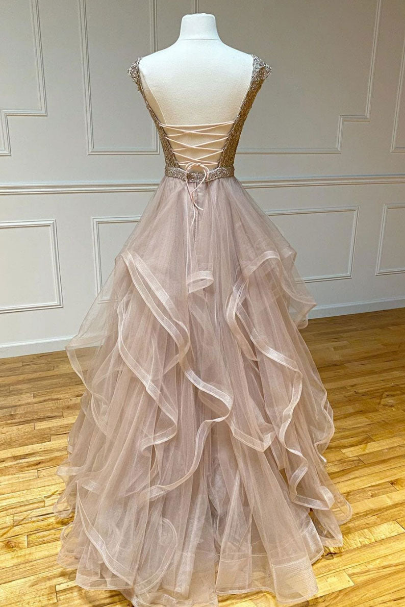 
                  
                    Champagne round neck tulle lace long prom dress evening dress
                  
                
