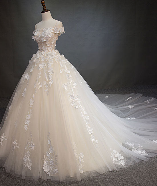 White tulle lace applique long prom dress, white lace wedding dress - shdress