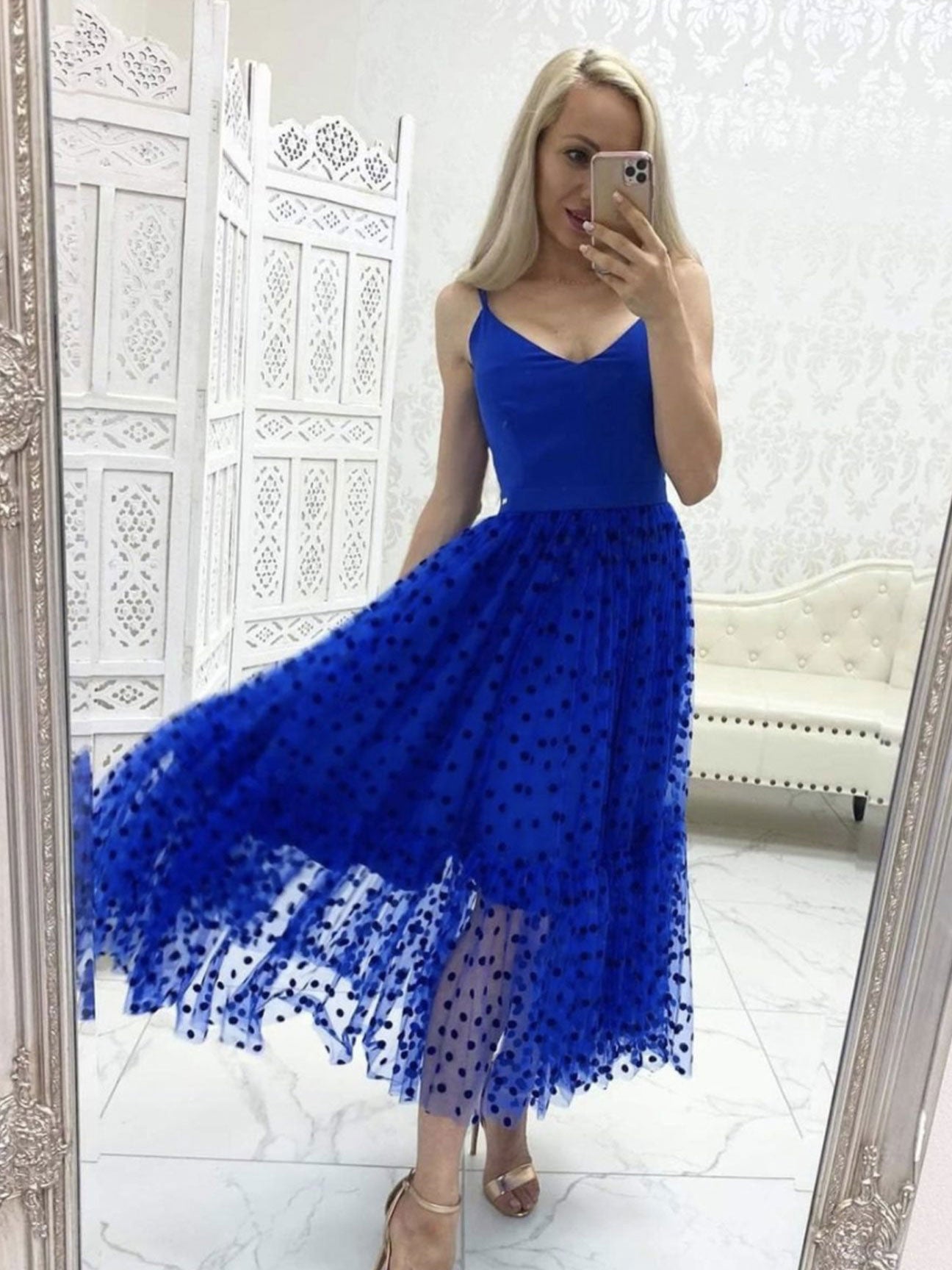 
                  
                    Blue v neck tulle tea length prom dress, blue tulle formal dress
                  
                