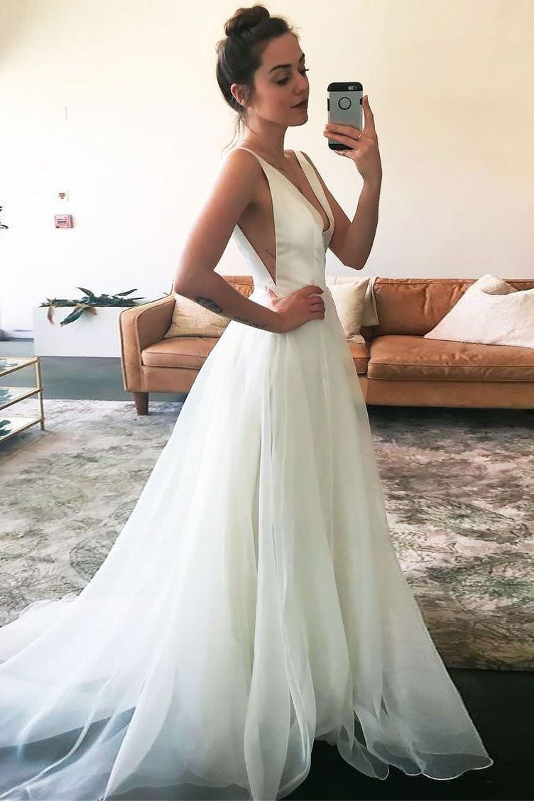 Simple v neck tulle long prom dress, white evening dress