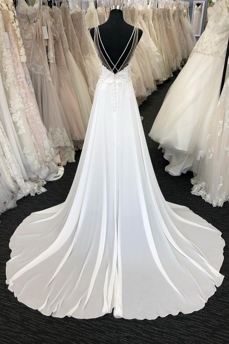 
                  
                    White v neck chiffon lace long prom dress, white evening dress
                  
                