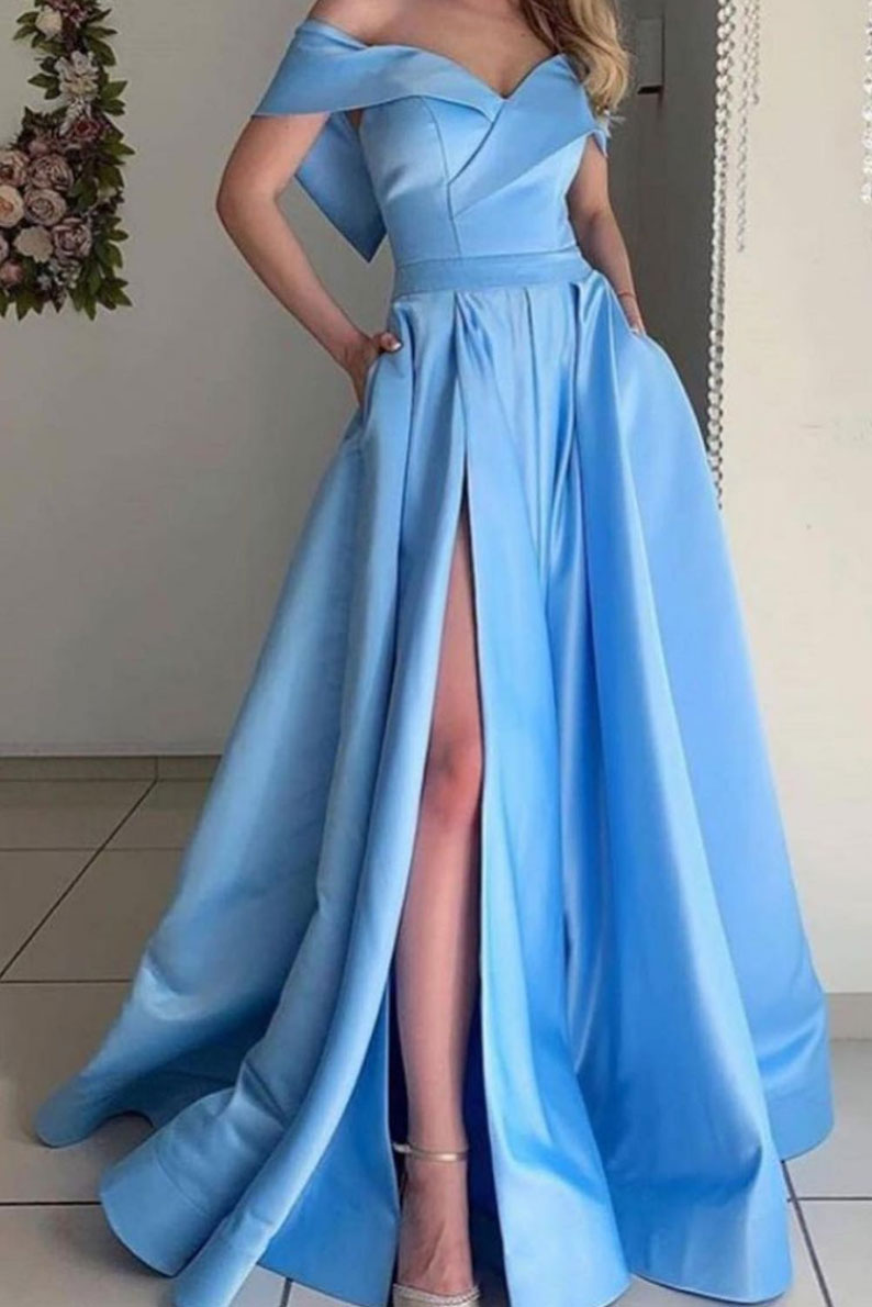 Simple off shoulder satin long blue prom dress, blue evening dress ...