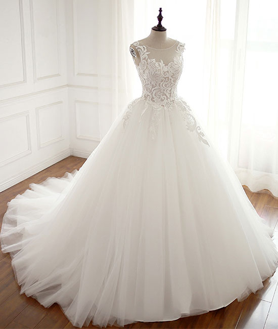 White round neck tulle lace applique long wedding dress, white evening dress - shdress