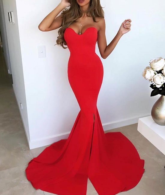 Simple red mermaid long prom dress, red evening dress - shdress