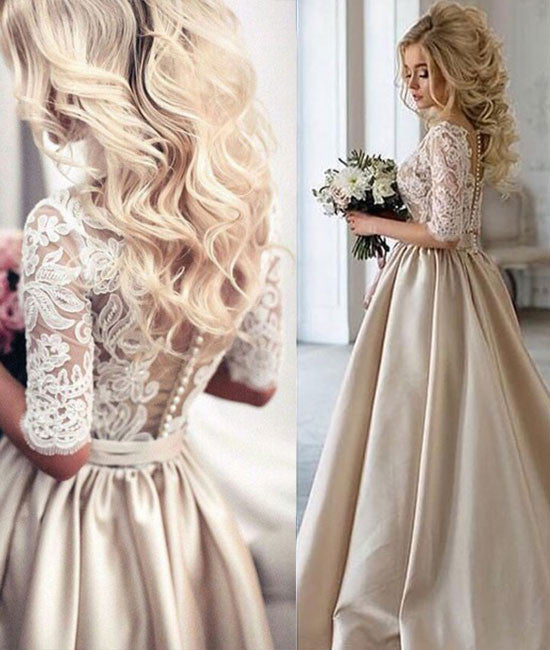 Unique Champagne v neck lace prom dress, champagne wedding dress - shdress
