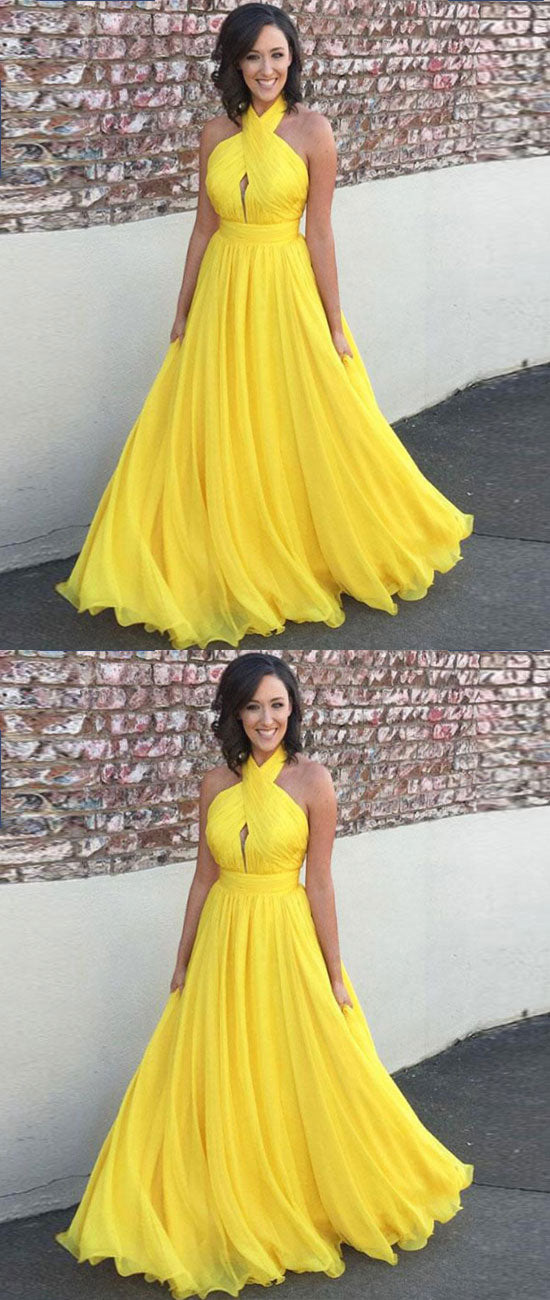 Simple chiffon yellow long prom dress, chiffon evening dress - shdress
