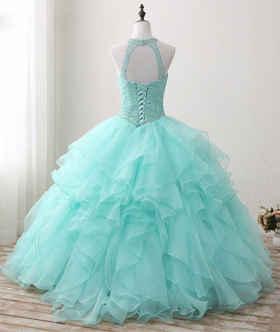 Cute green round neck tulle beads long prom dress, sweet 16 dress shdress Cute green round neck tulle beads long prom dress, sweet 16 dress shdress
