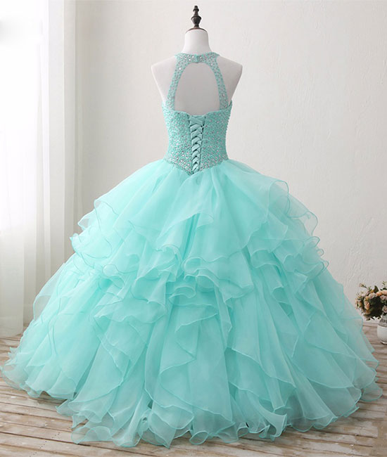 
                  
                    Cute green round neck tulle beads long prom dress, sweet 16 dress - shdress
                  
                