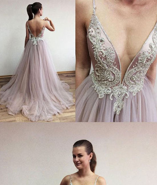 
                  
                    Unique v neck beads tulle long prom dress, evening dress - shdress
                  
                