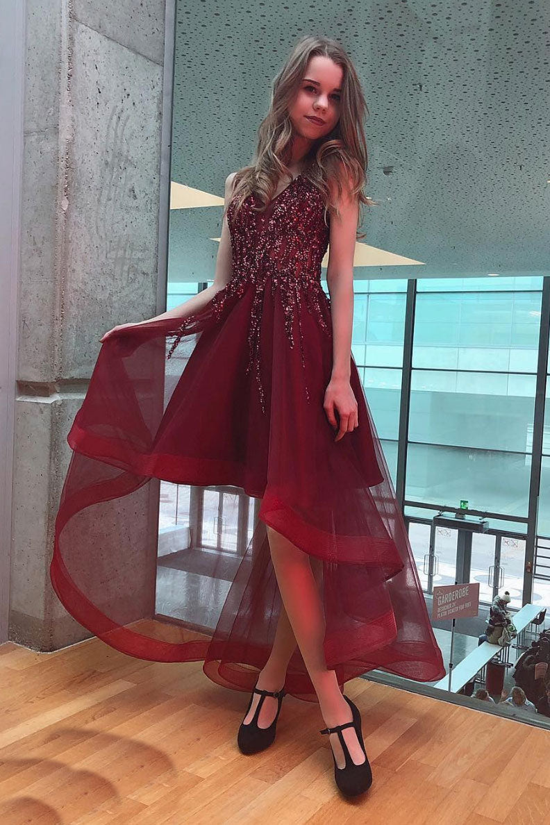 red prom dresses short front long back Burgundy Short Front Long Back Night Gown Party Women Prom Dresses