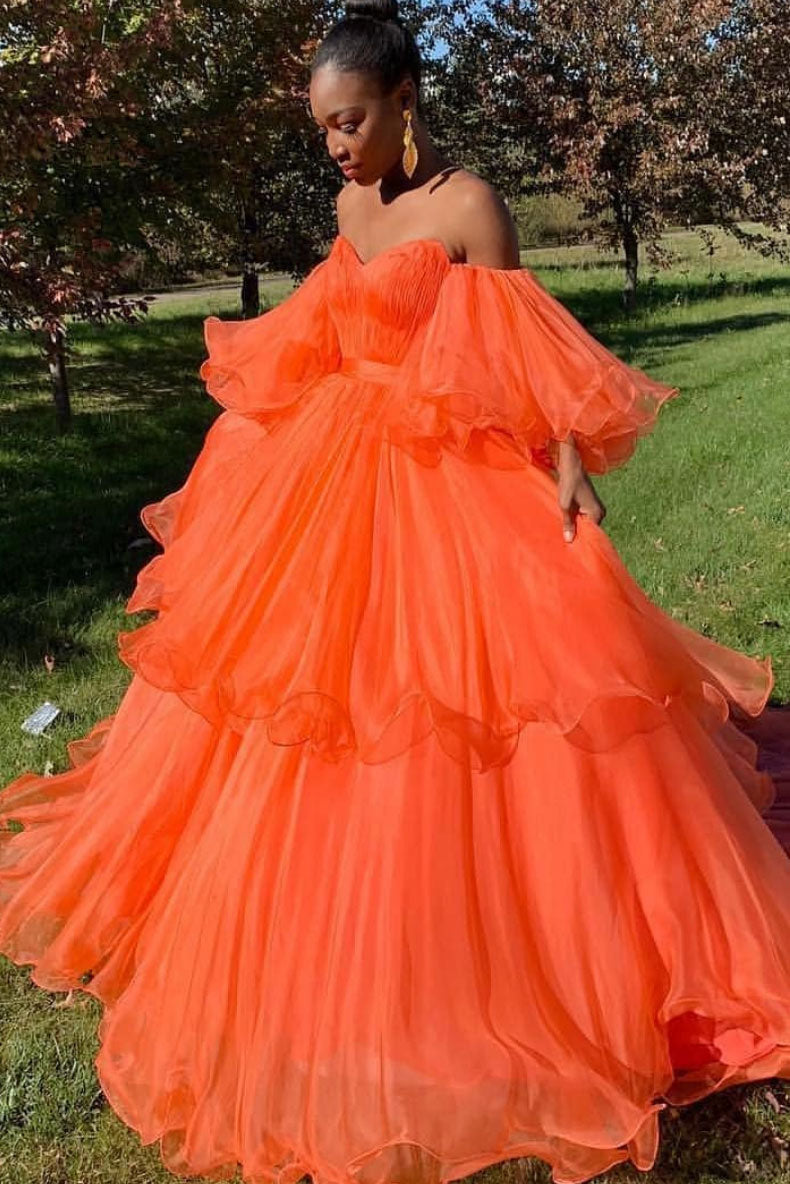 Orange sweetheart tulle long prom dress, evening dress