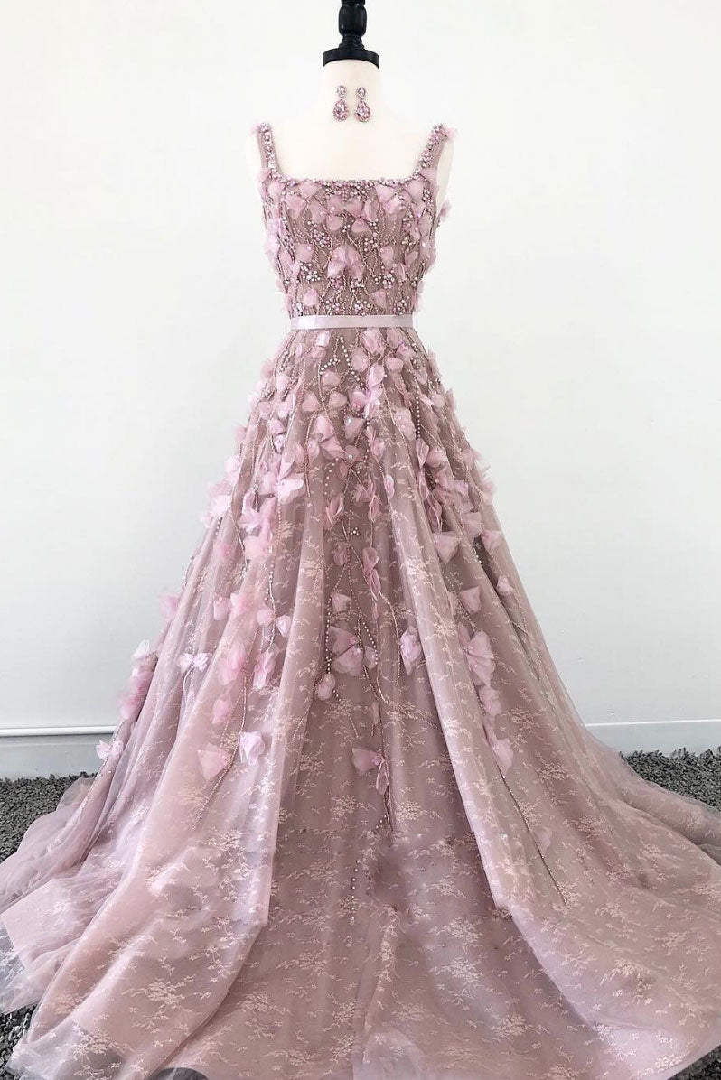 Pink tulle beads 3D applique long prom dress, tulle evening dress