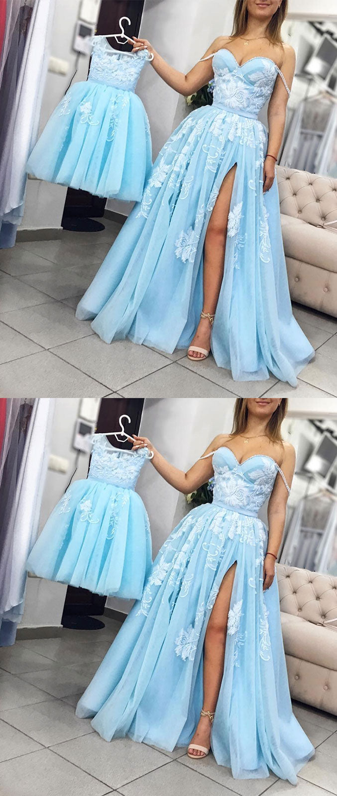 Blue tulle lace long prom dress, blue tulle lace evening dress - shdress