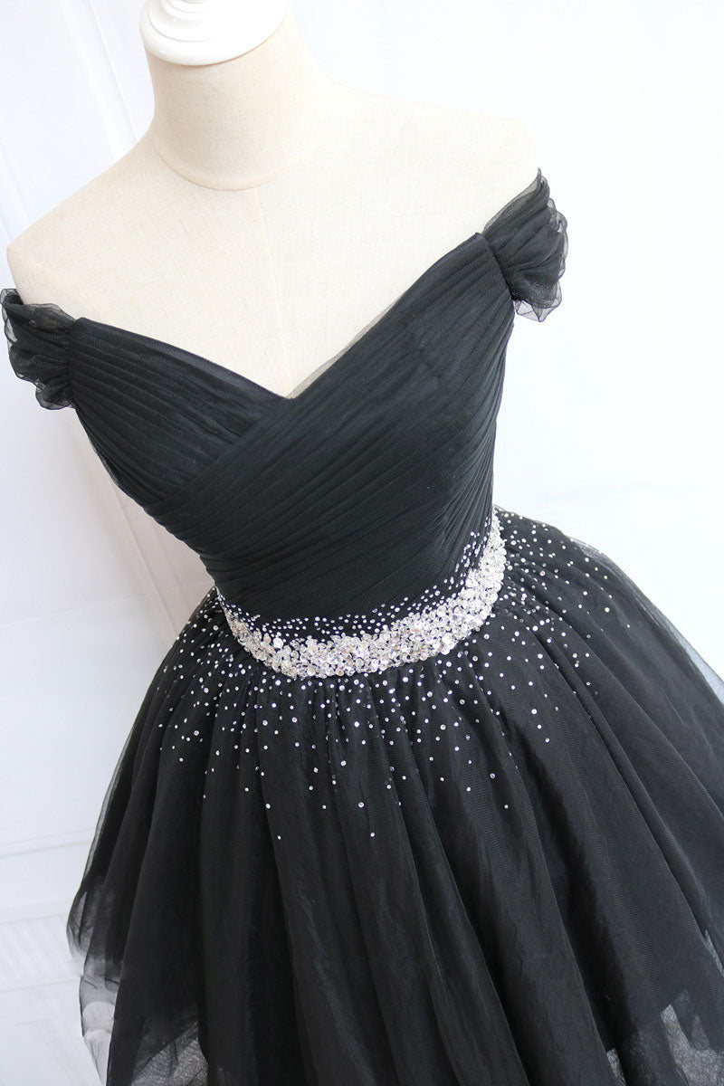 
                  
                    Black tulle off shoulder short prom dress, black homecoming dress
                  
                