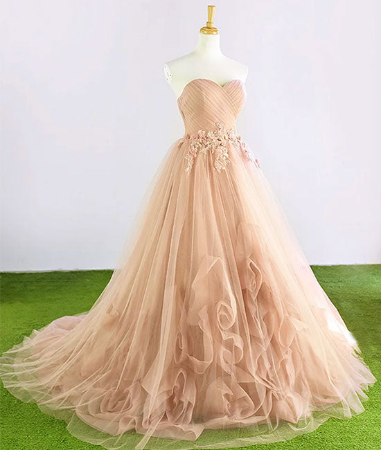 Champagne sweetheart neck tulle long prom dress, evening dress - shdress