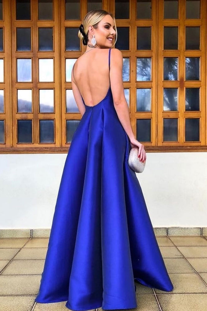 Simple v neck blue satin long prom dress, blue evening dress – shdress