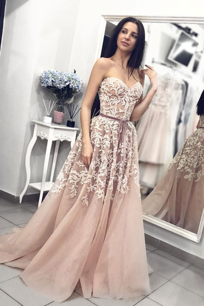 Champagne sweetheart neck tulle lace long prom dress, tulle evening dress