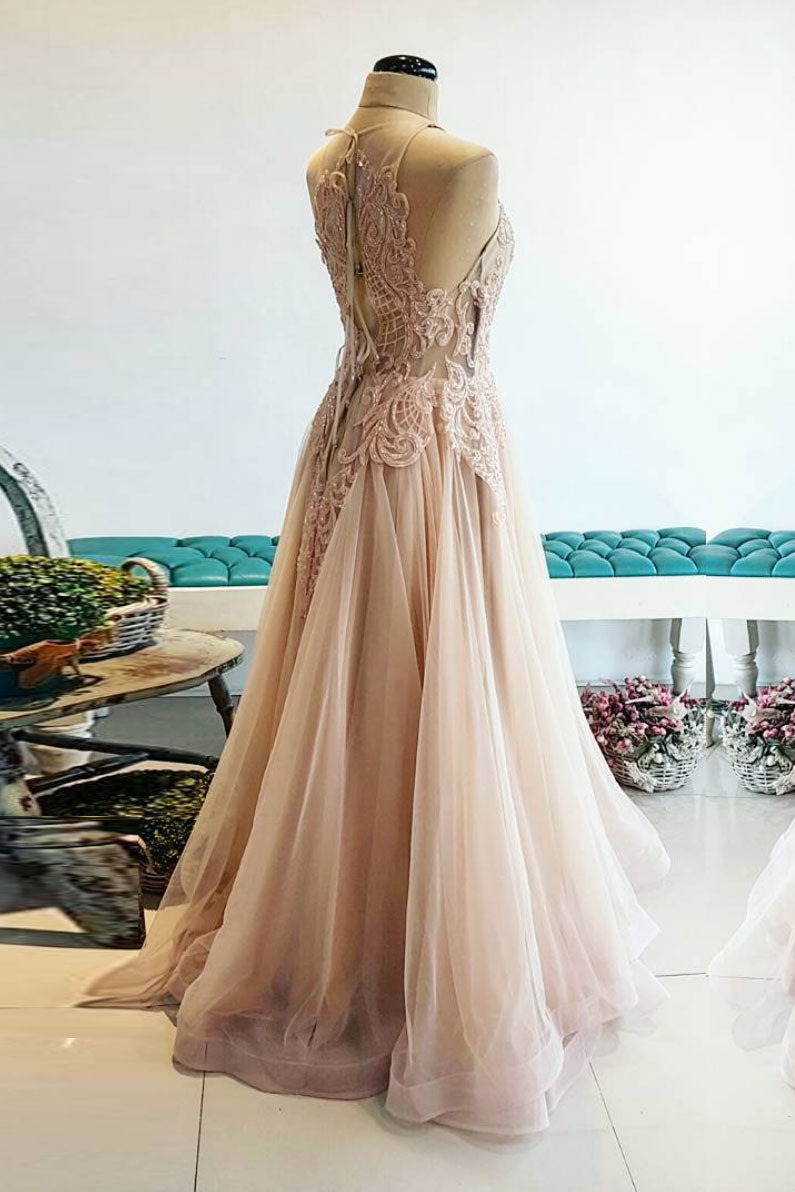 
                  
                    Champagne tulle lace long prom dress, champagne tulle evening dress
                  
                