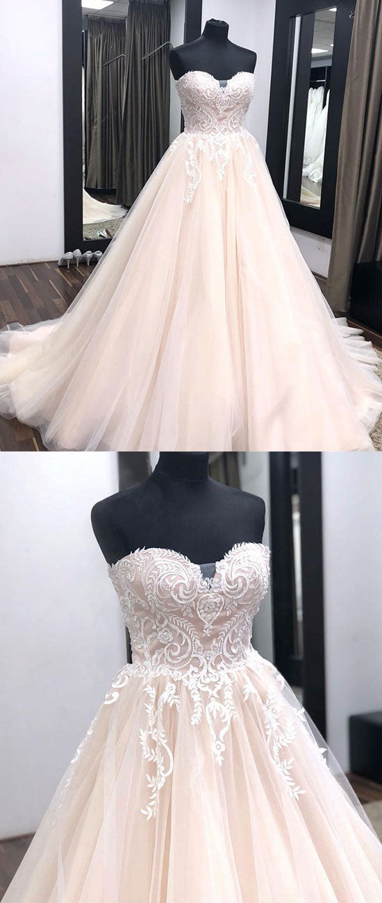 Unique sweetheart neck tulle lace applique long wedding dress, lace bridal dress - shdress