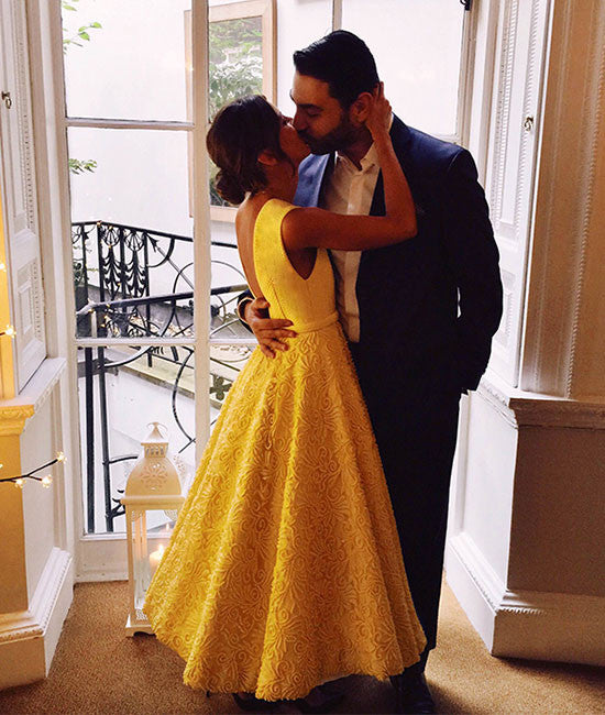 Cute yellow tea Length lace prom dress, lace evening dress – shdress