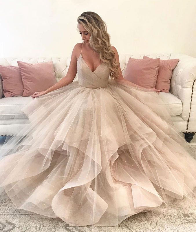Champagne sweetheart tulle long prom dress, champagne tulle evening dress - shdress