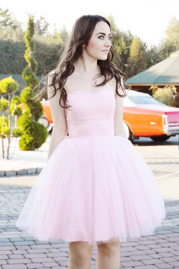 Simple sweetheart pink tulle short prom dress, pink tulle homecoming dress