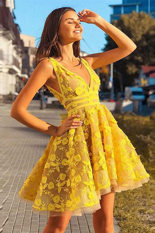 
                  
                    Yellow lace short prom dress, yellow homecoming dress
                  
                
