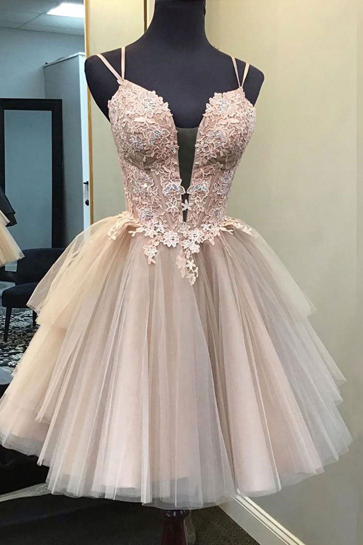 Champagne v neck tulle lace short prom dress lace homecoming dress shdress Champagne v neck tulle lace short prom dress lace homecoming dress shdress