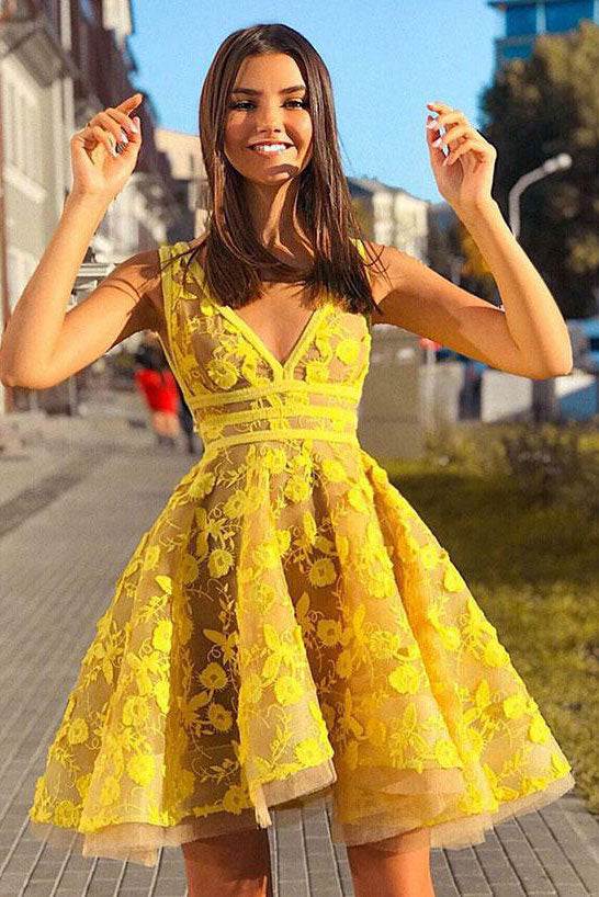 Yellow lace short prom dress, yellow homecoming dress