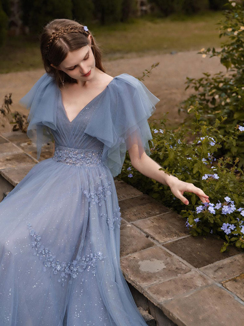 Blue A line tulle long prom dress blue formal party dress Blue A line tulle long prom dress blue formal party dress