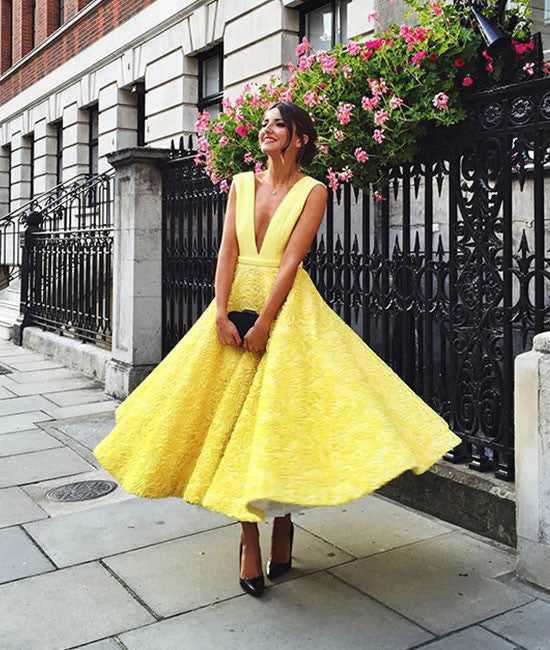 Cute yellow tea Length lace prom dress, lace evening dress - shdress