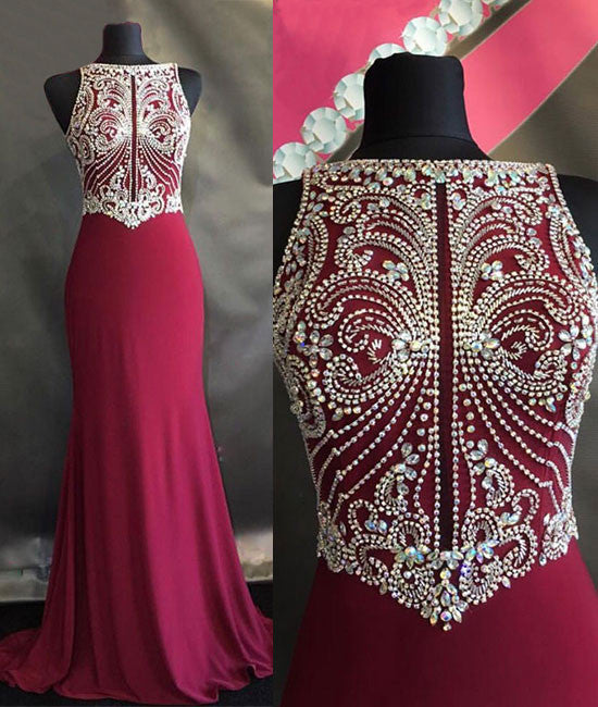 Unique beaded chiffon red long prom dress, evening dress - shdress