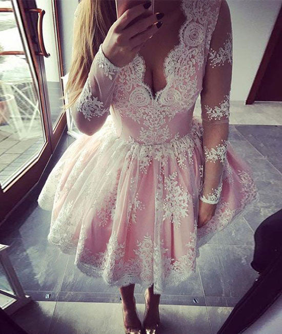 cute pink lace short prom dress, pink lace homecoming dress - shdress