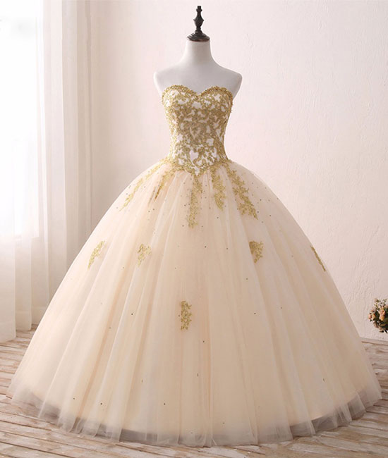 
                  
                    Champagne sweetheart neck tulle lace long prom gown, sweet 16 dress - shdress
                  
                
