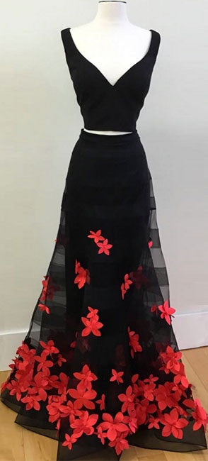 Black two pieces applique long prom dress, black evening dress - shdress