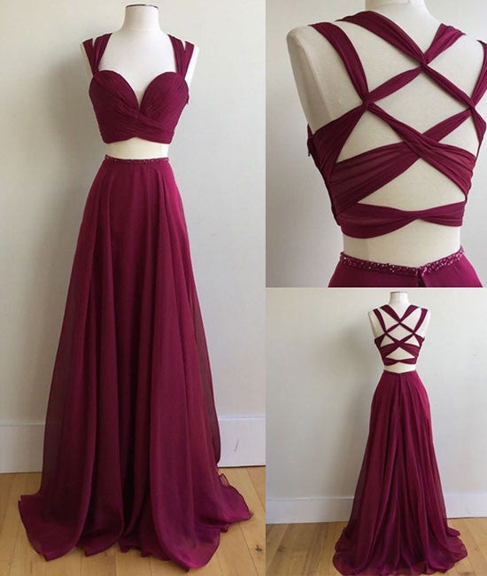 Burgundy two pieces long prom dress, burgundy evening dress shdress Burgundy two pieces long prom dress, burgundy evening dress shdress