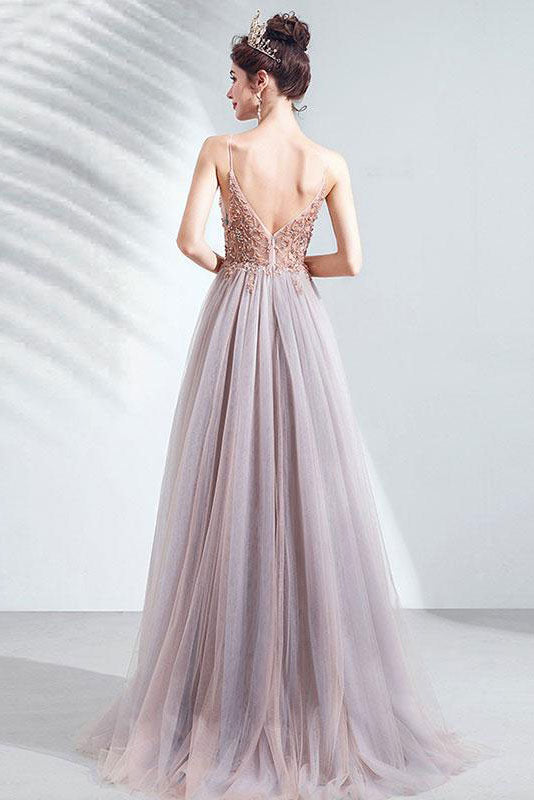 
                  
                    Elegant v neck tulle beads long prom dress tulle formal dress
                  
                