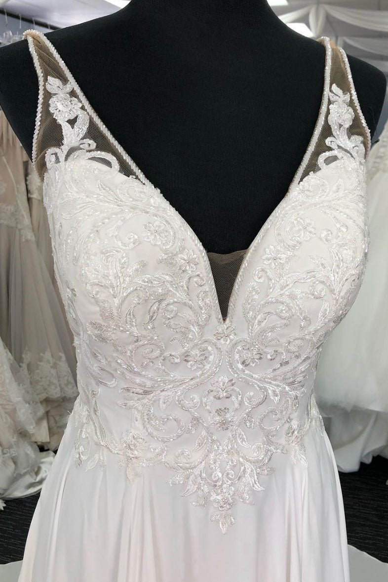 White v neck chiffon lace long prom dress, white evening dress