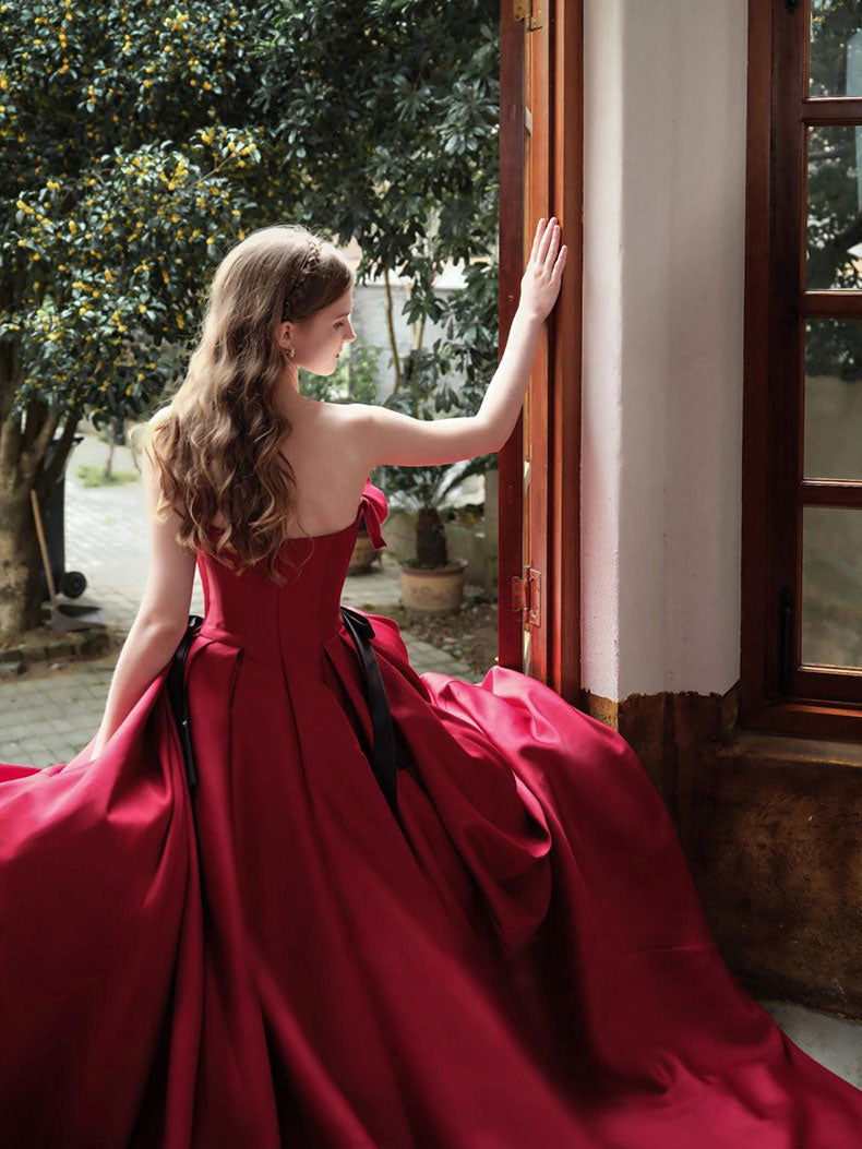 Burgundy satin long prom dress, burgundy evening dress shdress Burgundy satin long prom dress, burgundy evening dress shdress