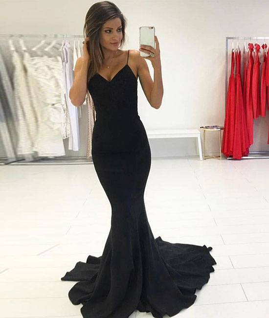 Black mermaid long prom dress, black evening dress - shdress