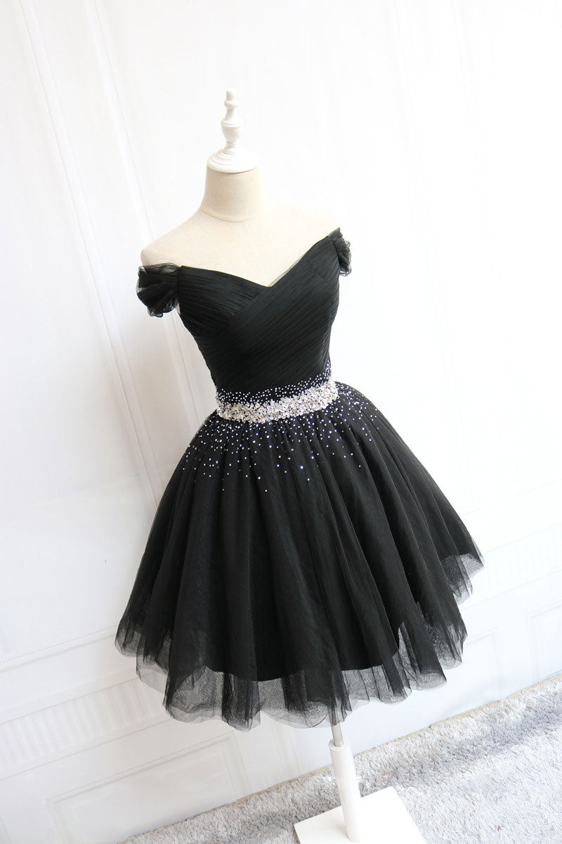 Black tulle off shoulder short prom dress, black homecoming dress