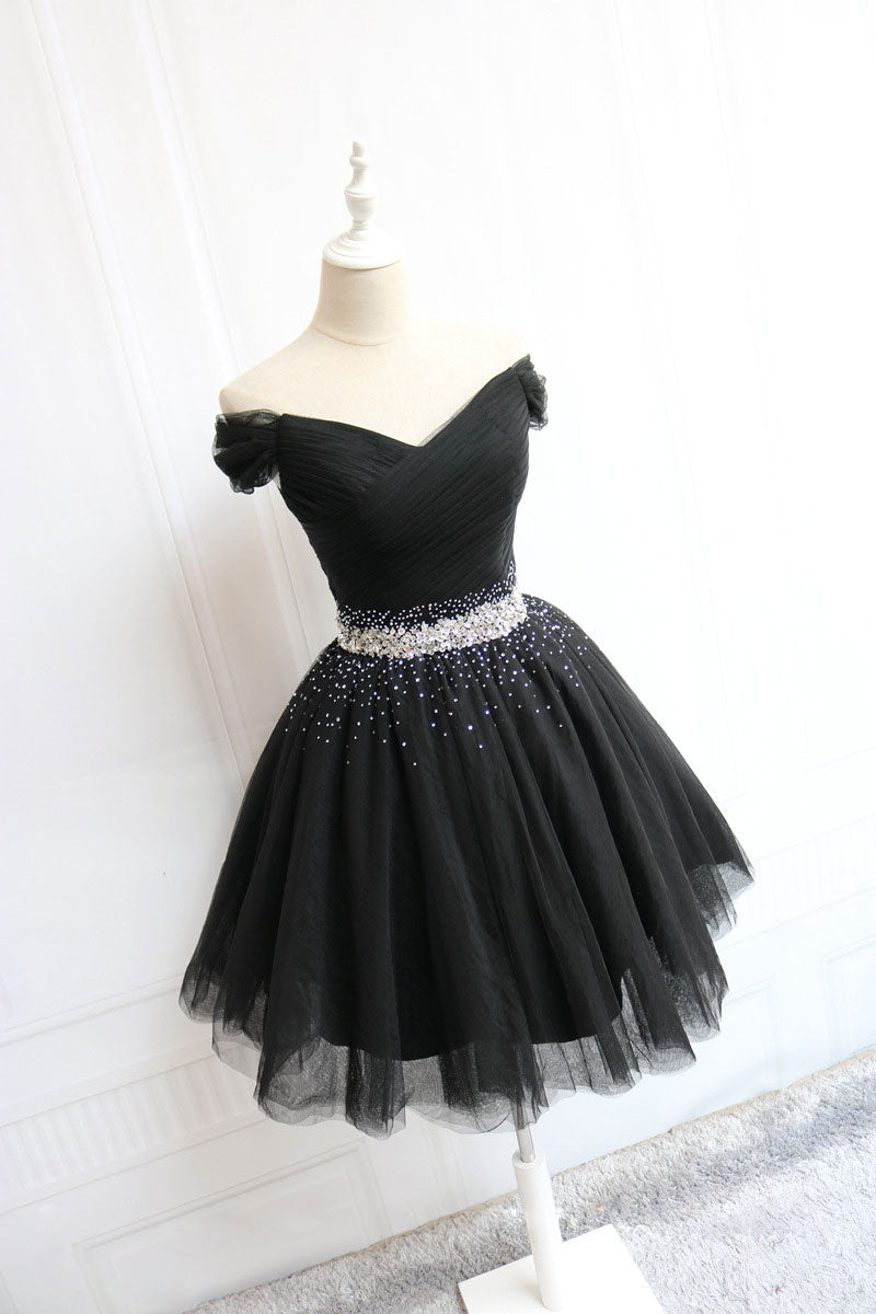 Black tulle off shoulder short prom dress, black homecoming dress shdress Black tulle off shoulder short prom dress, black homecoming dress shdress